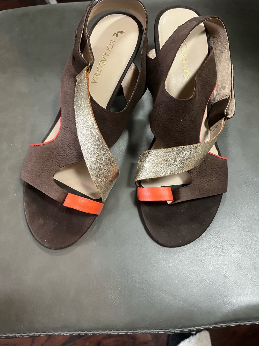 Koolaburra Brown Leather Slingback Sandals with Gold Straps and Orange Tabs